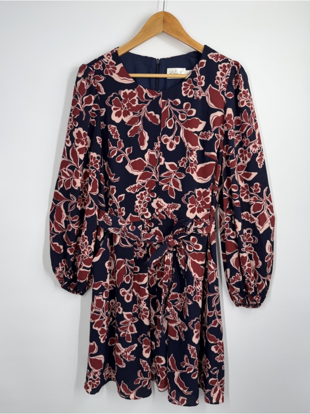Eliza J Navy Long Sleeve Dress with Red Floral Print